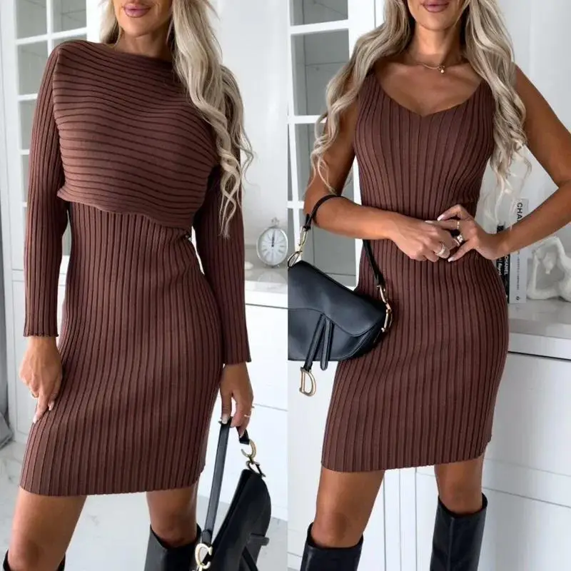 

Casual Sleeveless Slim Fit Wrapped Hip Dress for Women 2023 Autumn New Fashion Pit Stripe Long Sleeve Top Suspended Dress