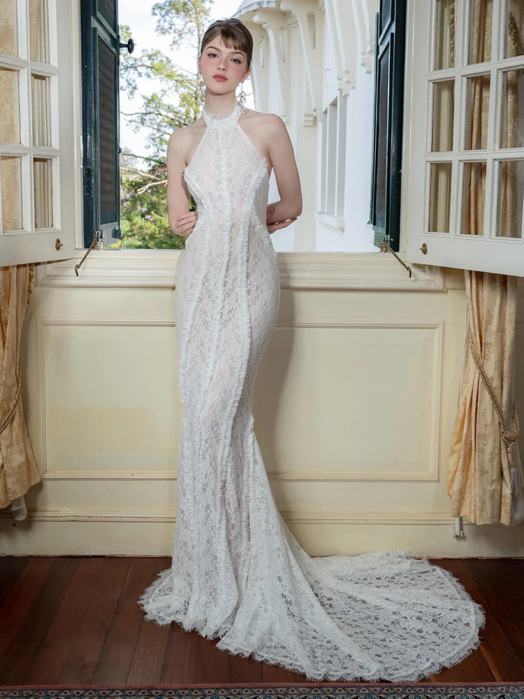 Robe de mariée sirène en dentelle pour femmes, col licou, avec traîne, à lacets, sans manches, robe de demoiselle d'honneur du matin, été