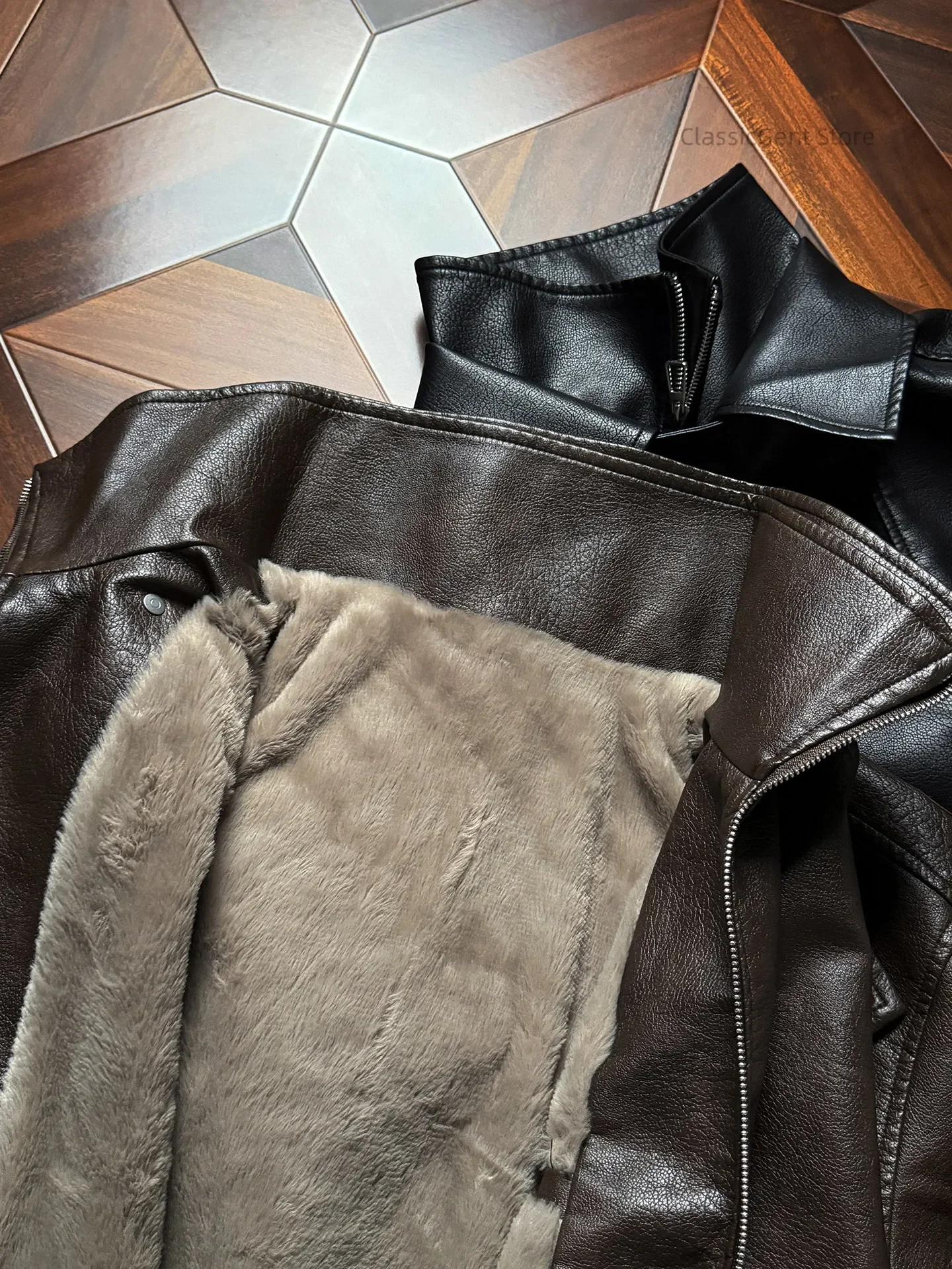 stand-up collar + lapel collar double neckline winter cool sa velvet warm leather jacket, retro ruffian handsome