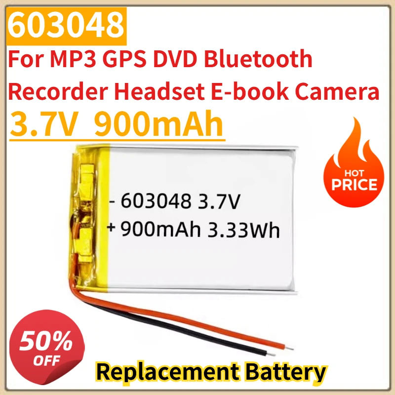 

New 3.7V 900mAh Rechargeable Battery 603048 for MP3 GPS DVD Bluetooth Recorder Headset E-book Camera Replacement Battery
