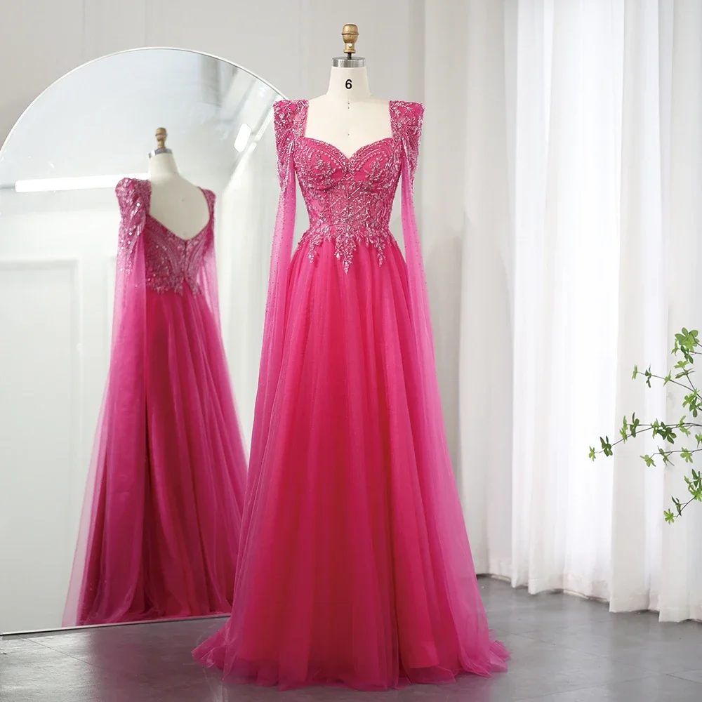 

Sharon Said Arabic Fuchsia Evening Dress with Cape Sleeves Luxury Beaded Dubai Women Wedding Formal Party Gowns SS242 Customized
