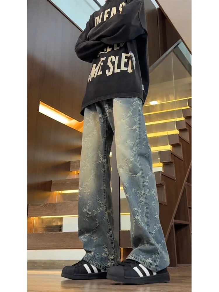 

American Retro Embroidered Denim Jeans Men's Trendy Vintage High Street Straight Leg Micro Flared Pants Youthful ular Cott...