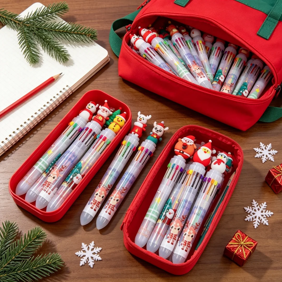 12-36Pcs Cute Christmas 10 Colors Ballpoint Pen, Santa Elk Tree Multi‑Color Retractable Pen Xmas Stationery Gift
