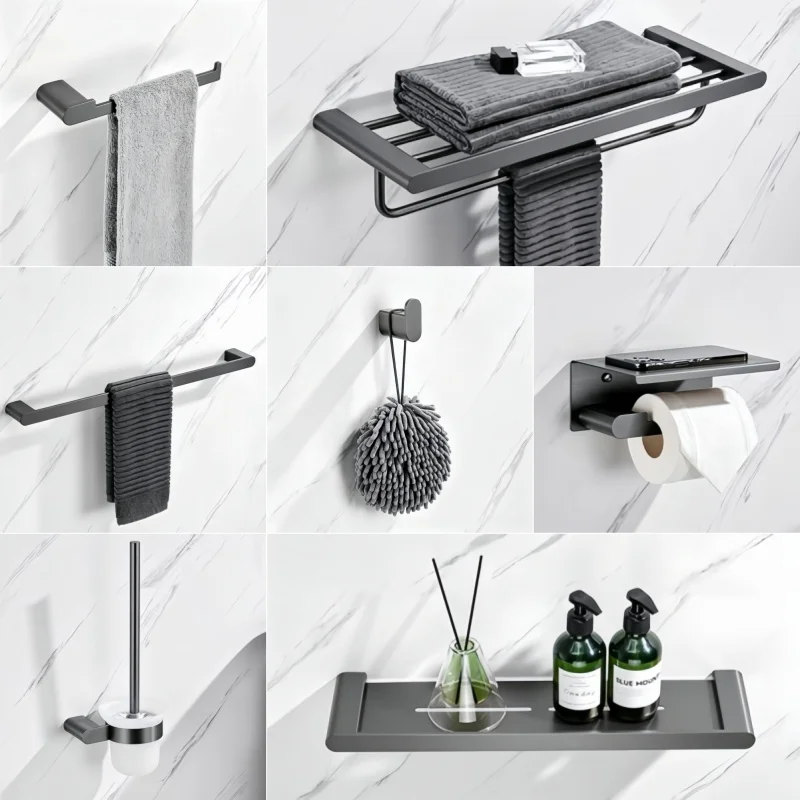 Grey Bathroom Hardware Accessories Wall-Mounted Towel Rack Cup Holder Toilet Brush Paper Towel Holder Towel Bar Storage Rack