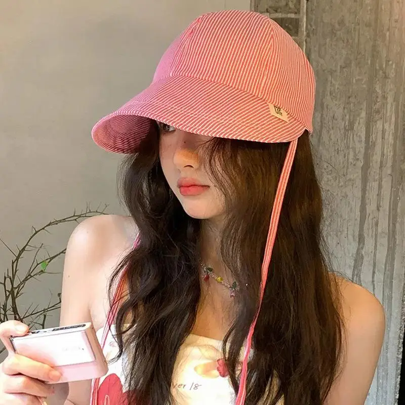 

Korean Stripe Bucket Hats for Women Wide Brim Sun Protrction Fisherman Caps Summer Outdoor Camping Drawstring Panama Caps