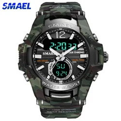 SMAEL Sport Watch Men Waterproof Wristwatch Big Dial Quartz LED Digital Watches Men's Camouflage Case Military Chronograph Clock