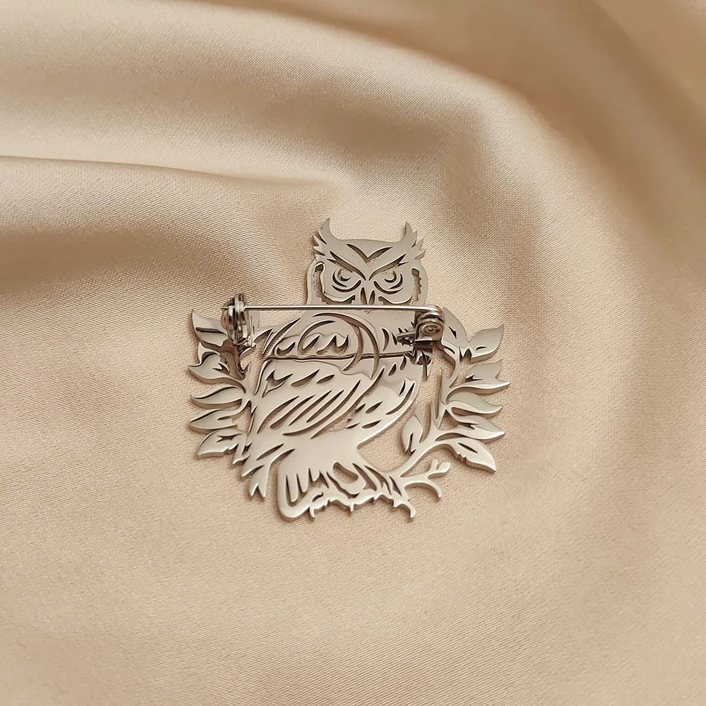 18K Gold Plated 316L Stainless Steel Owl with Leaves Silhouette Lapel Pin, Nature Brooch, Suit & Casual Accessory