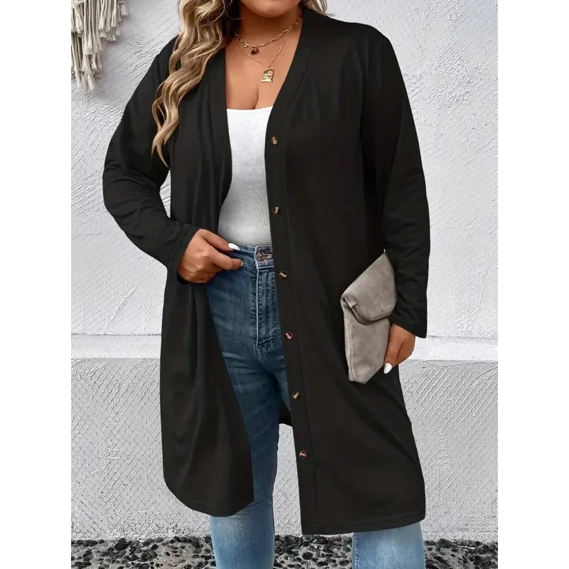 

Spring 2024 Autumn Cardigan Top New Women Solid Color Long Sleeve Baggy Coat Women Fashion Single-Breasted V-neck Large Coat Top