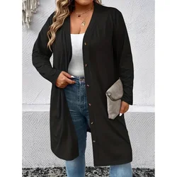 Spring 2024 Autumn Cardigan Top New Women Solid Color Long Sleeve Baggy Coat Women Fashion Single-Breasted V-neck Large Coat Top