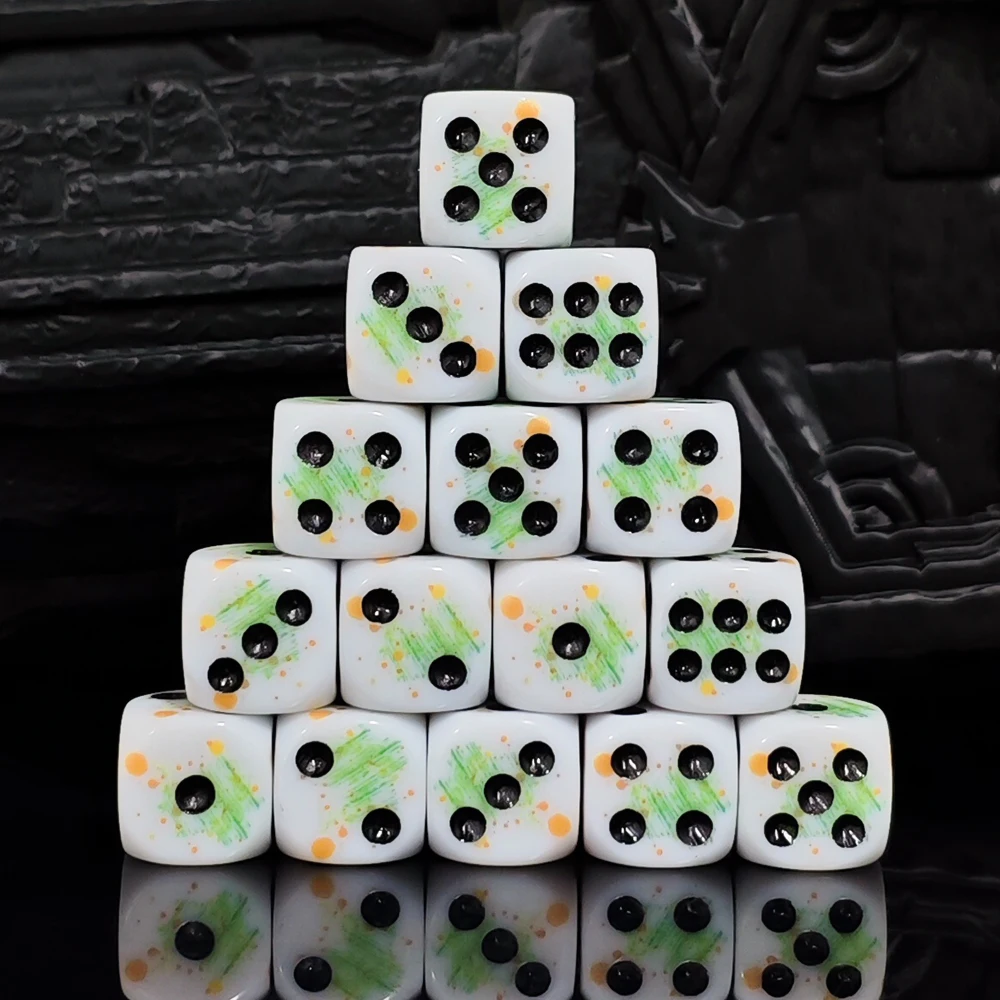 10Pcs/set 16mm 6-Sided White Dice with Green & Orange Splatter, Round Corner D6 Dice Set for Board Games, Tabletop RPGs, DND view 2