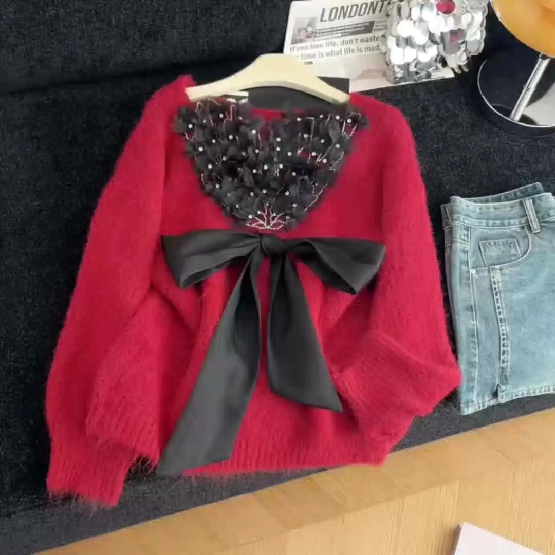 

Women Christmas Red Bow Pullover Knit Sweater 2000s Vintage O-Neck Long Sleeves Cozy Burgundy Cashmere Sweater For Women Clothes