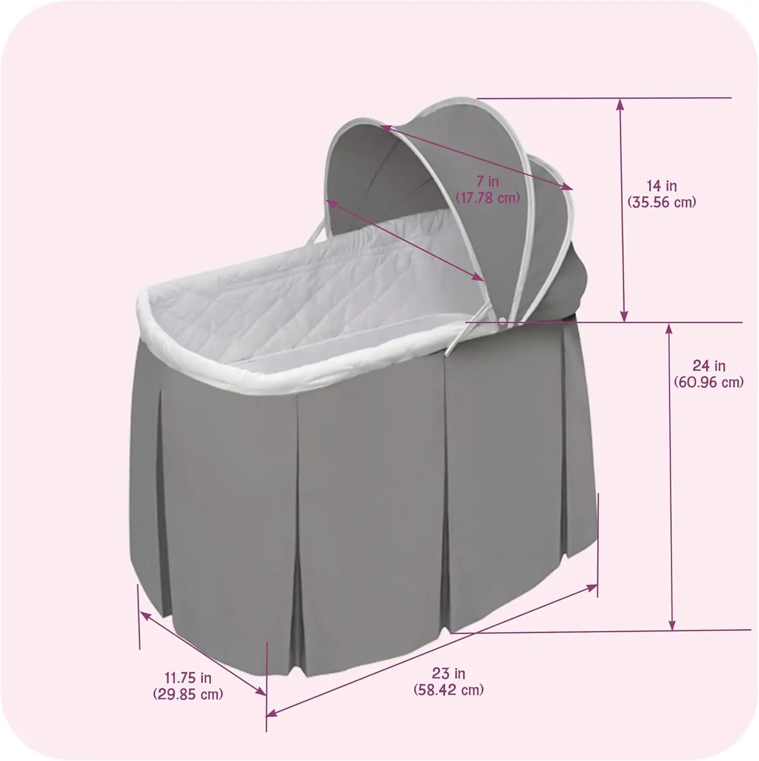 Doll Bassinet with Canopy for 18-20 Inch Dolls, Includes Storage Basket and Bedding - Gray Nursery Bed
