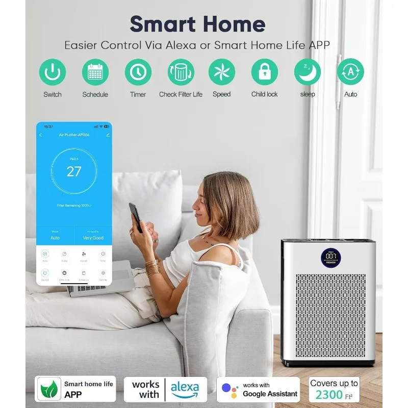 منقي الهواء، أجهزة تنقية الهواء فريش ديوا للمنزل حتى 2300 قدم 2 مع واي فاي ذكي، أجهزة استشعار الهواء، مدخل هواء مزدوج الجوانب، H14 True HEPA