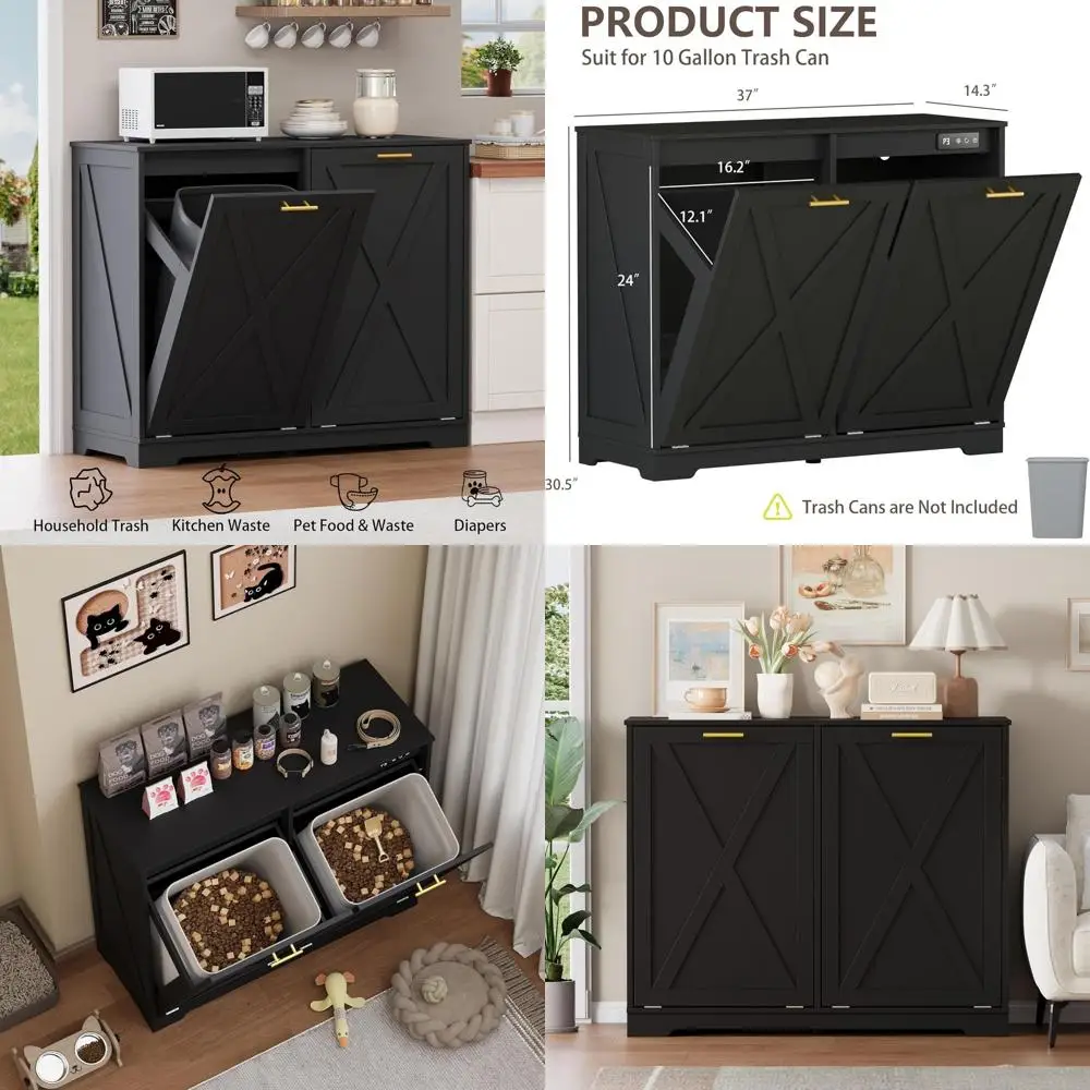 

Деревянный кухонный шкаф-мусорный бак с ионизацией для контроля запаха, скрытое хранилище для корма для собак или корзина для белья, черный