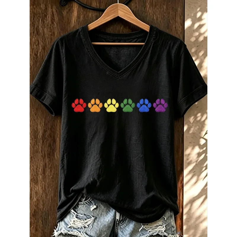 ilstile Damen-T-Shirts mit Hundepfotenmuster, Sommerurlaub, kurzärmelig, lässig, V-Ausschnitt, schwarze T-Shirts, Neu eingetroffen