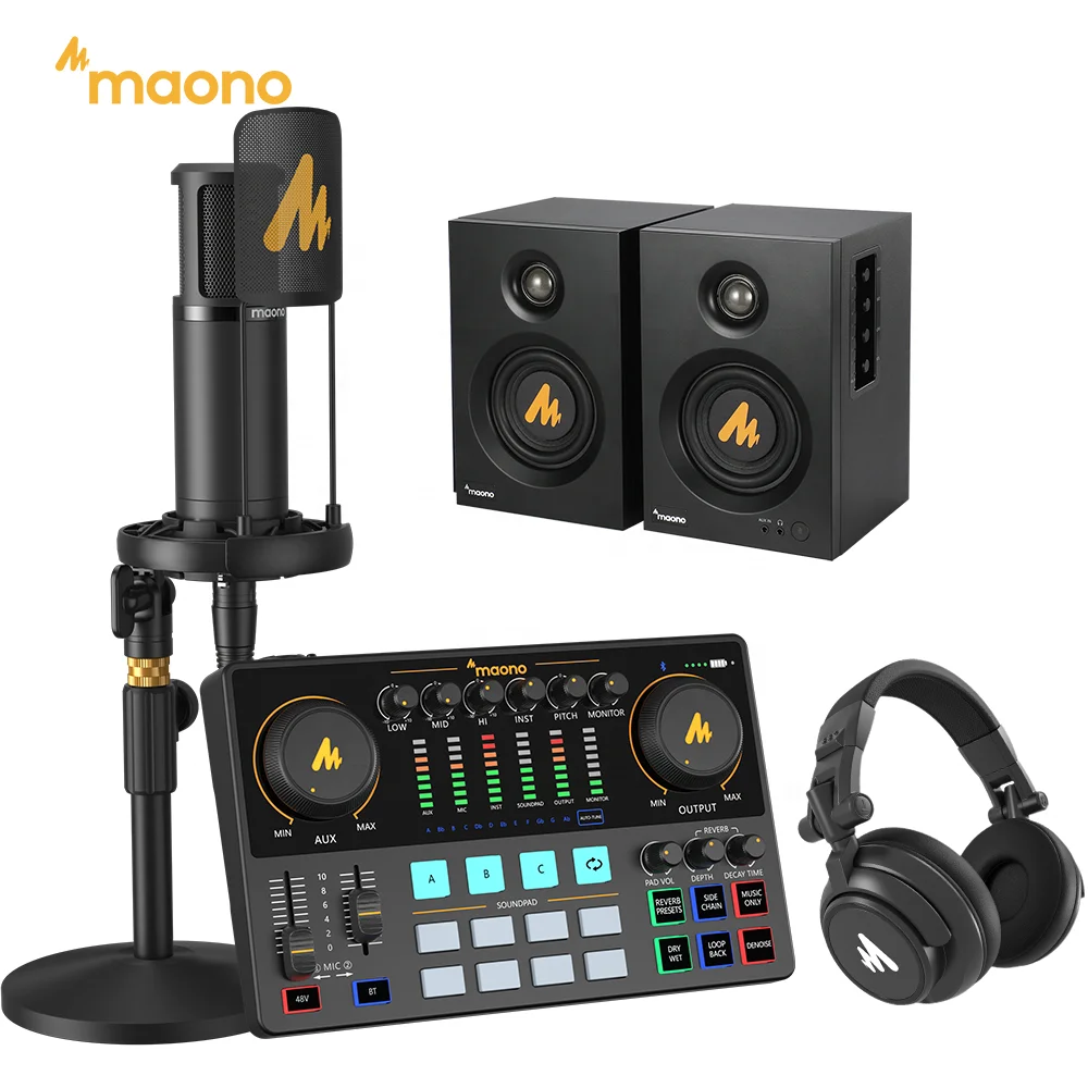 Maono Studio Audio Interfaces DJ Mixer XLR Condenser Microphones Monitor Speaker Podcast Equipment Bundles External Sound Cards