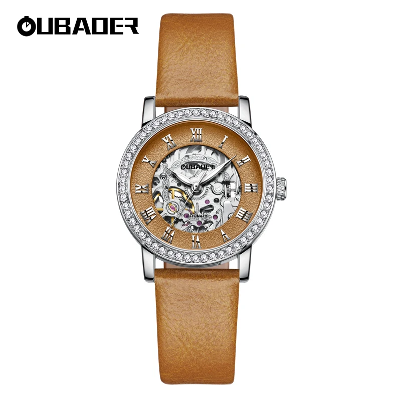 OUBAOER Iced Out Women Watch Automatic Mechanical Skeleton Luxury Leather Band Diamond Wristwatches Montre Femme Gift for Ladies