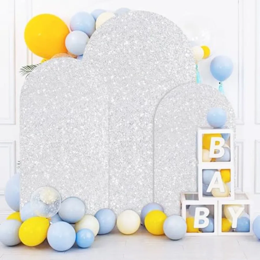 

Set of 3 Wedding Arch Cover Sequin Arch Stand Cover 7.2FT 6.6FT 6FT Silver Chiara Backdrop Arch Covers Stretchy Spandex Fabric