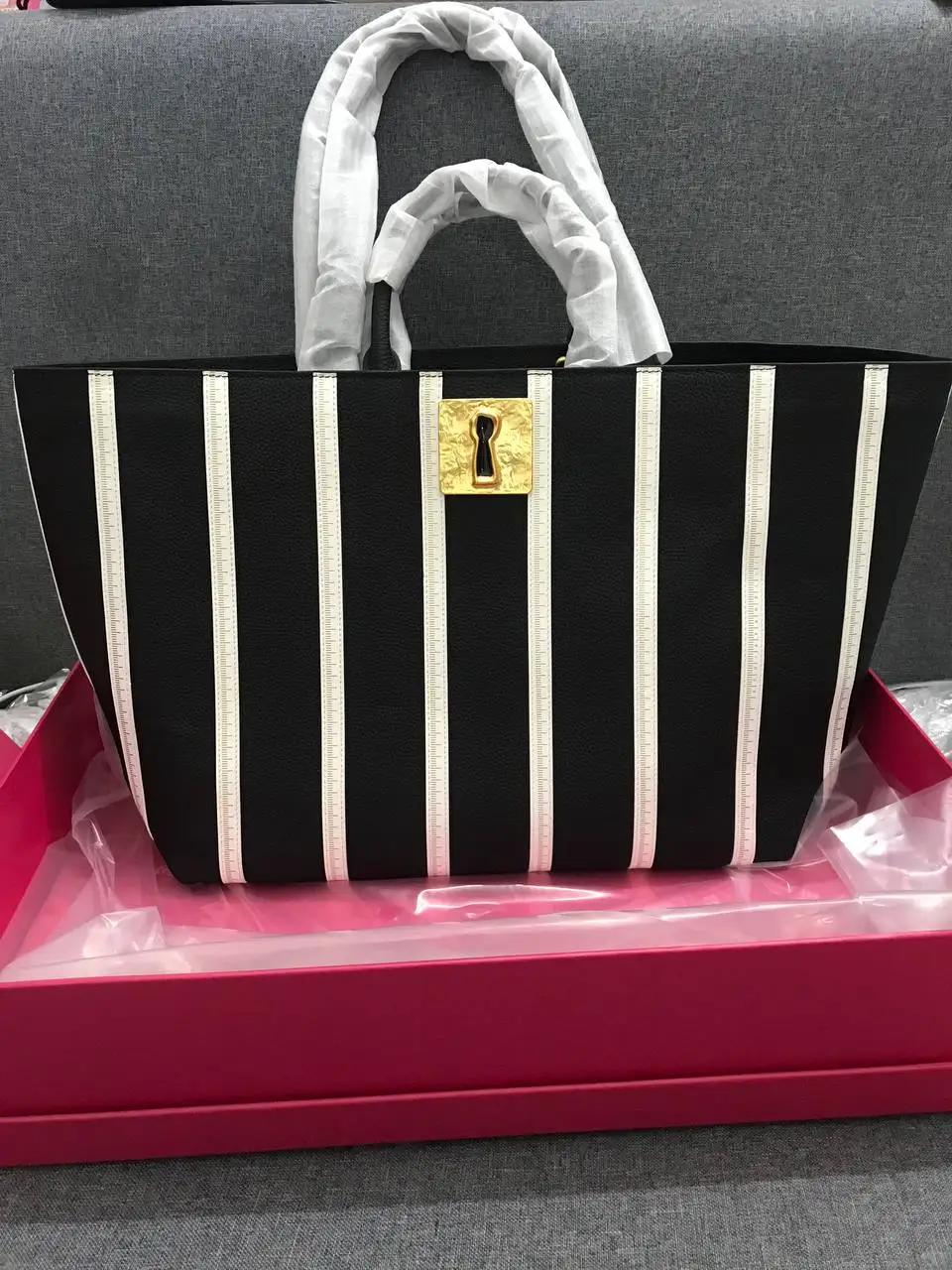 Lock hole striped canvas large shopping bag chain handbag crossbody bag imported cowhide handbag