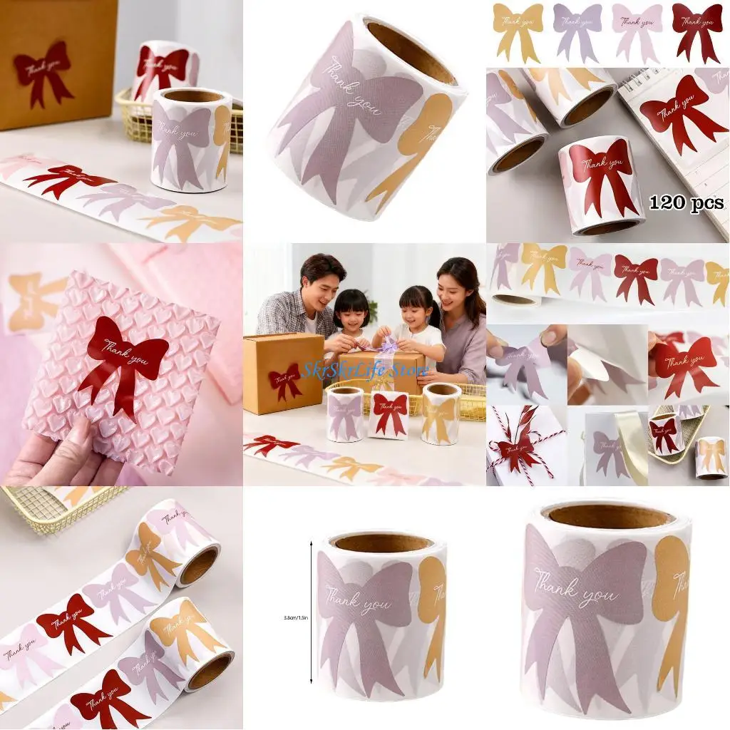 

E65E 120Pcs Bowknot Thank You Sticker Adhesive PVC Wrapping Labels for Gift Packaging