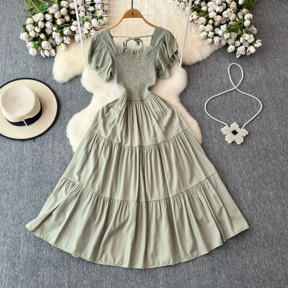 Robe plissée Vintage pour femmes, élégante, col carré, manches courtes, taille haute, drapée, nouvelle mode, été 2024