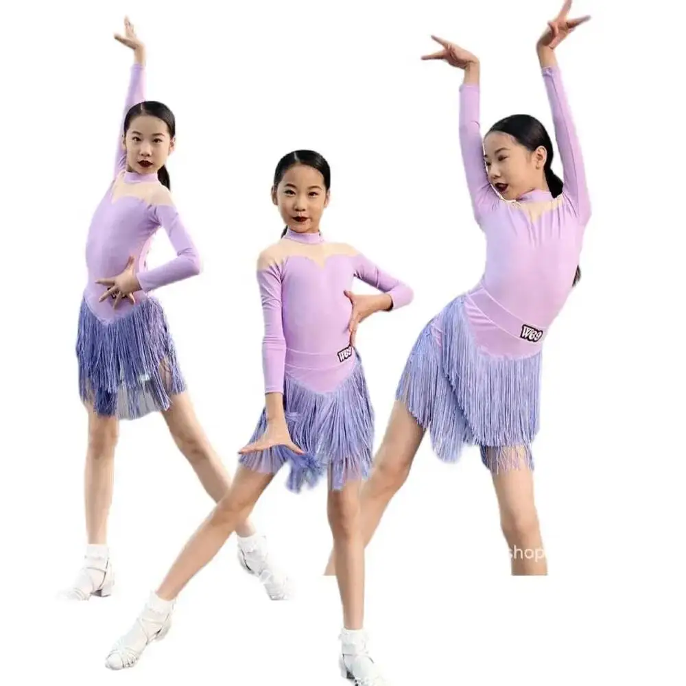 

Purple ballroom latin dress girl american dance rumba cha line fringe tassle samba tango competition practice wear kids Children