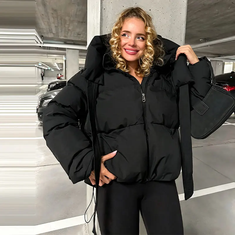 Modische Einfarbige Damen-Steppjacke mit Kapuze, Reißverschluss, Langen Ärmeln, Kurzer Schnitt, Locker Geschnitten, Schick, 2026 Herbst Winter Neue Streetwear für den Alltag – Detail 10