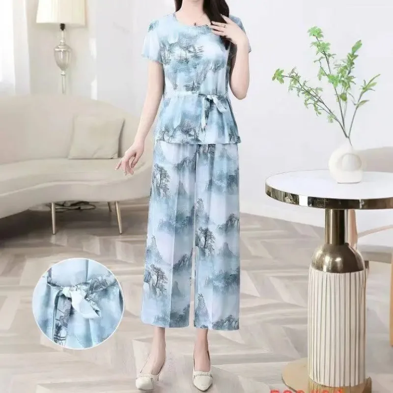 Middle Aged Women Sea Star Print Cotton Rayon Two Piece Set Short Sleeve Loose Loungewear Summer Outfit For Mom