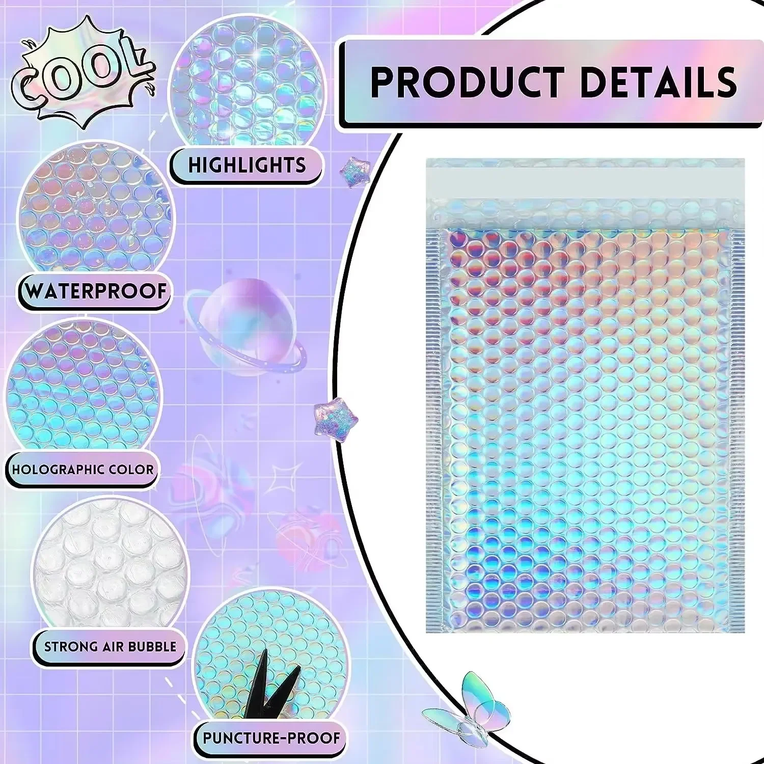 Rainbow colors Envelopes Bubbles 50Pcs Shipping Bags Packages Holographic Mailer Laser Bubble Mailers Self Seal Mailing