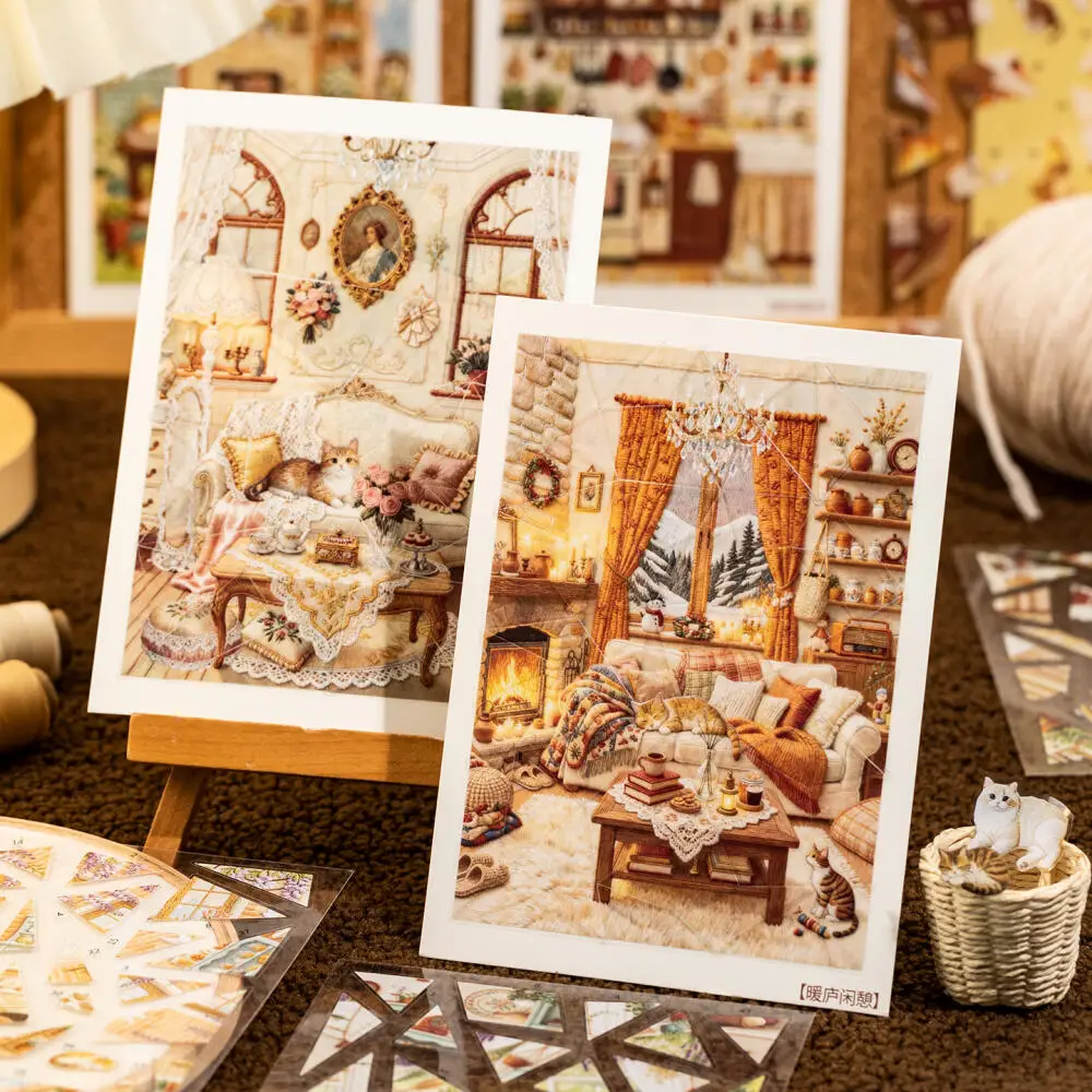 Card Lover 19 Pcs [Leisure Cat Home Series] Landscape Stickers Faux Embroidery Kitchen Sofa Living Room Fireplace Stationery
