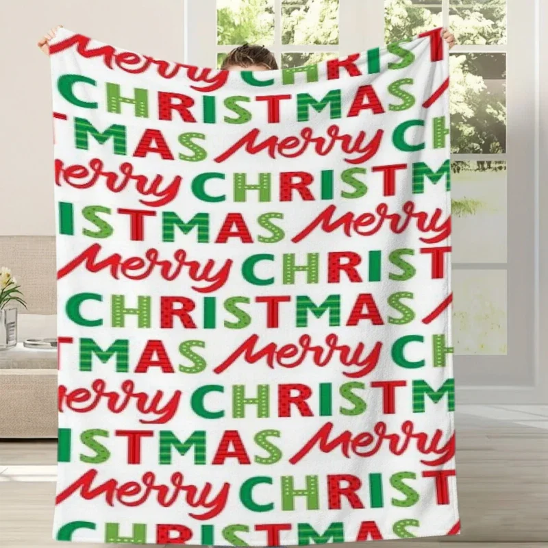 Merry Christmas Text Repeat Fleece Blanket For Holiday Bedroom Decor Lightweight Plush Throw Blanket Cover