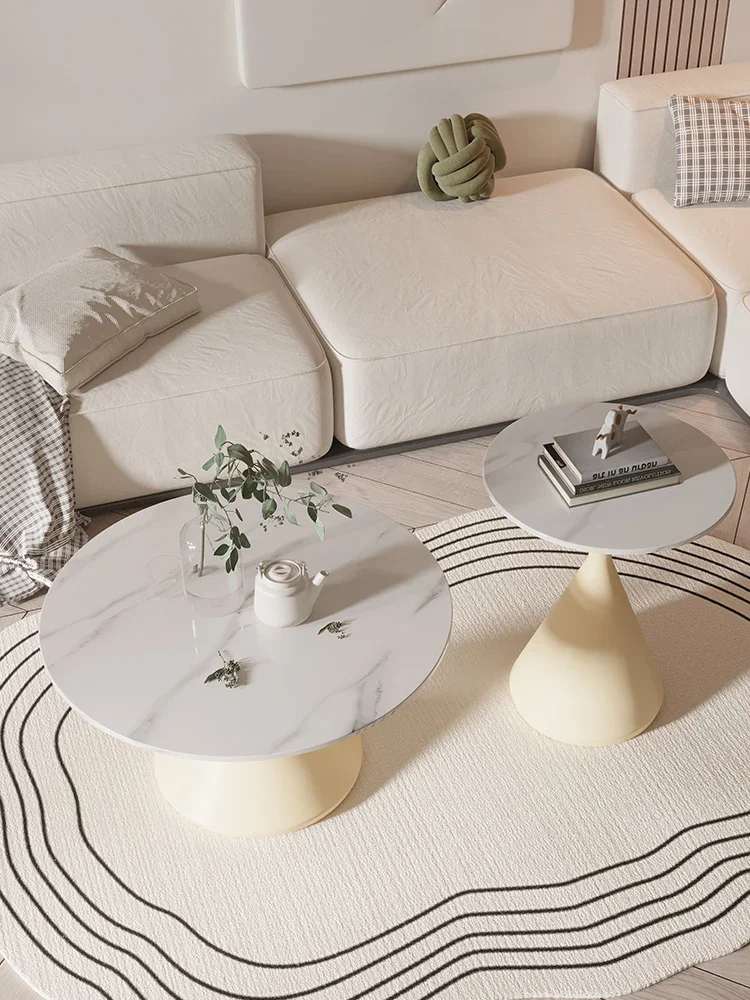 Cream style rock board edge table, living room, small unit, movable circular mother and child coffee table