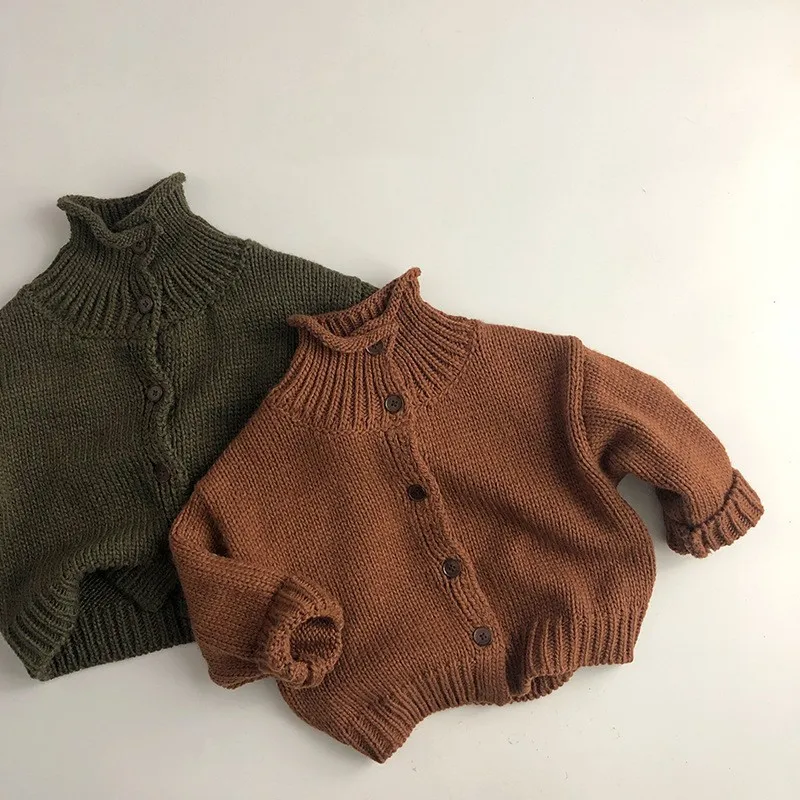 

Children Turtleneck Sweater Autumn Winter New Baby Boys Girls Solid Knit Cardigan Coat Kids Thick Casual Knitwear Loose Jacket