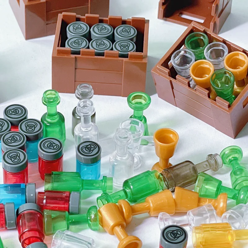 Weinflaschen, Tassen und Highball-Gläser mit Holzkisten, kleine Partikel, DIY-Bausteine-Set, Zubehör, zufälliger Artikel