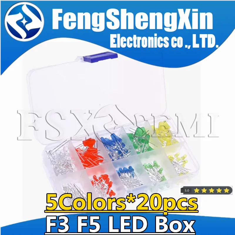 

200PCS/Lot 3MM 5MM Led Kit With Box Mixed Color Red Green Yellow Blue White Light Emitting Diode Assortment 20PCS Each F3 F5