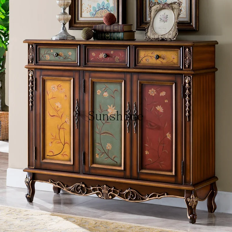 

European-style household entrance cabinet, large-capacity side cabinet, retro painted solid wood furniture