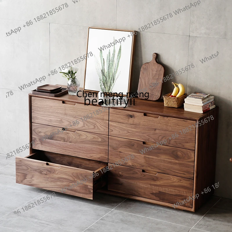 Black Walnut Chest of Six Drawers Log Solid Wood High TV Stand Coffee Table Combination Light Luxury Bed Front Cabinet Locker