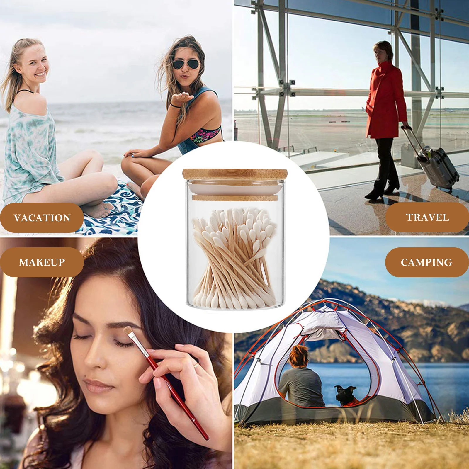 

4Pcs Glass Storage Jars Bamboo Lids Bathroom Kitchen Organizers Multi-Functional Containers Vanity Countertop Decor