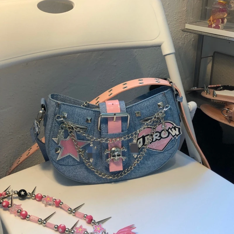 Fashion Gothic Vintage Denim Star Women Handbags Personality Punk Skull Chain Crossbody Bag Y2k Aesthetic Harajuku Shoulder Bags