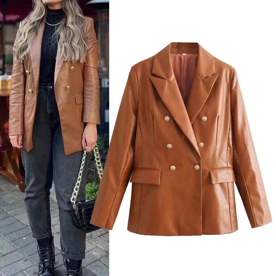 เสื้อโค้ทผู้หญิง Versatile Pure Sle รุ่น S2855 ตกแต่งกระดุม หนัง PU สไตล์ลำลอง ทรงยาว ความยาวปกติ