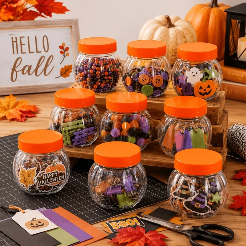 10Pcs 150ml Pumpkin Jar Transparent Plastic Jar With Lid Candy Cookies Grain Tea Seasoning Storage Container Kithchen Supplies