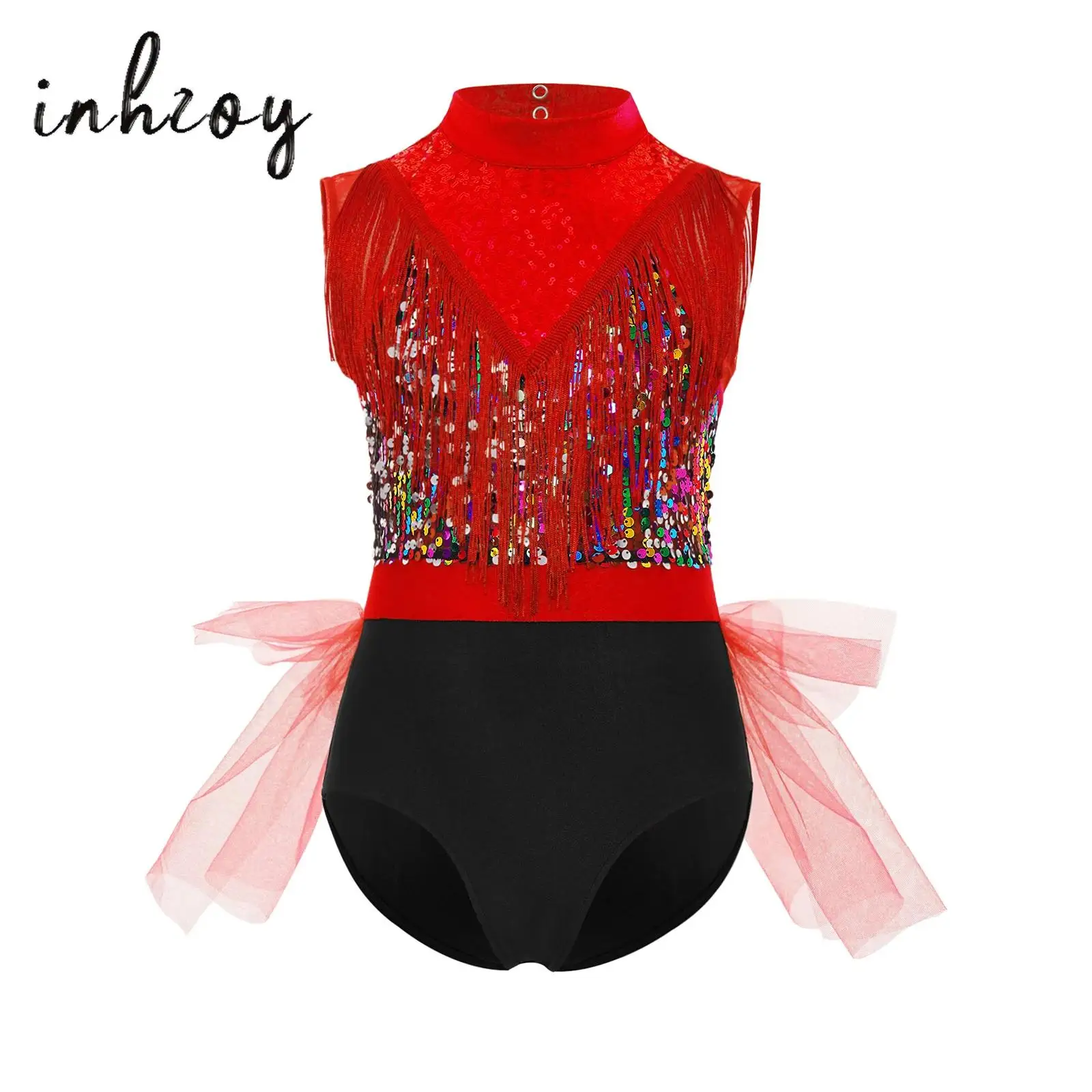 

Kids Girls Figure Skating Dance Costume Sleeveless Cutout Back Tassels Shiny Sequins Latin Dance Dress Latin Jazz Dancewear