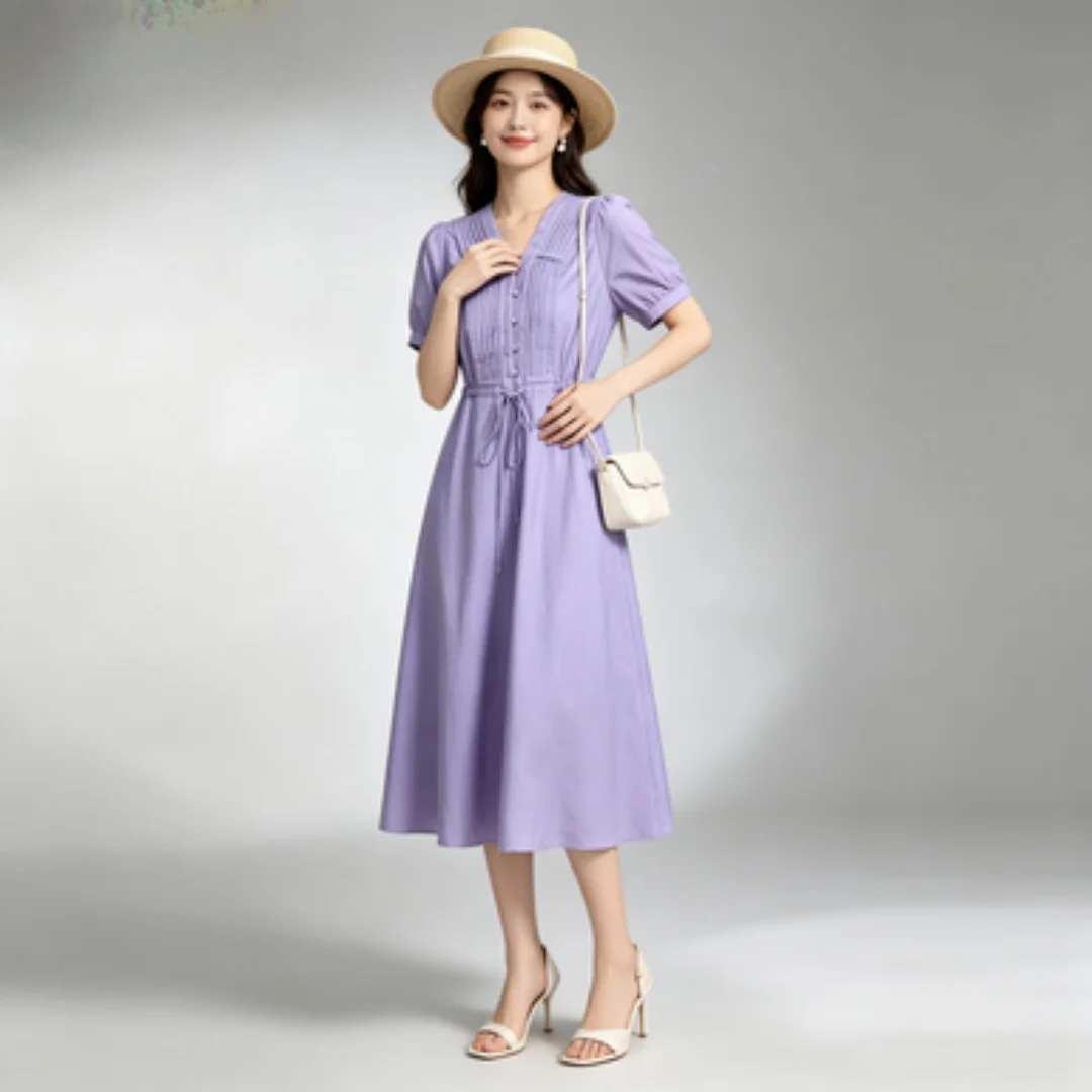Women Summer Taro Purple Drawstring Waist Dress