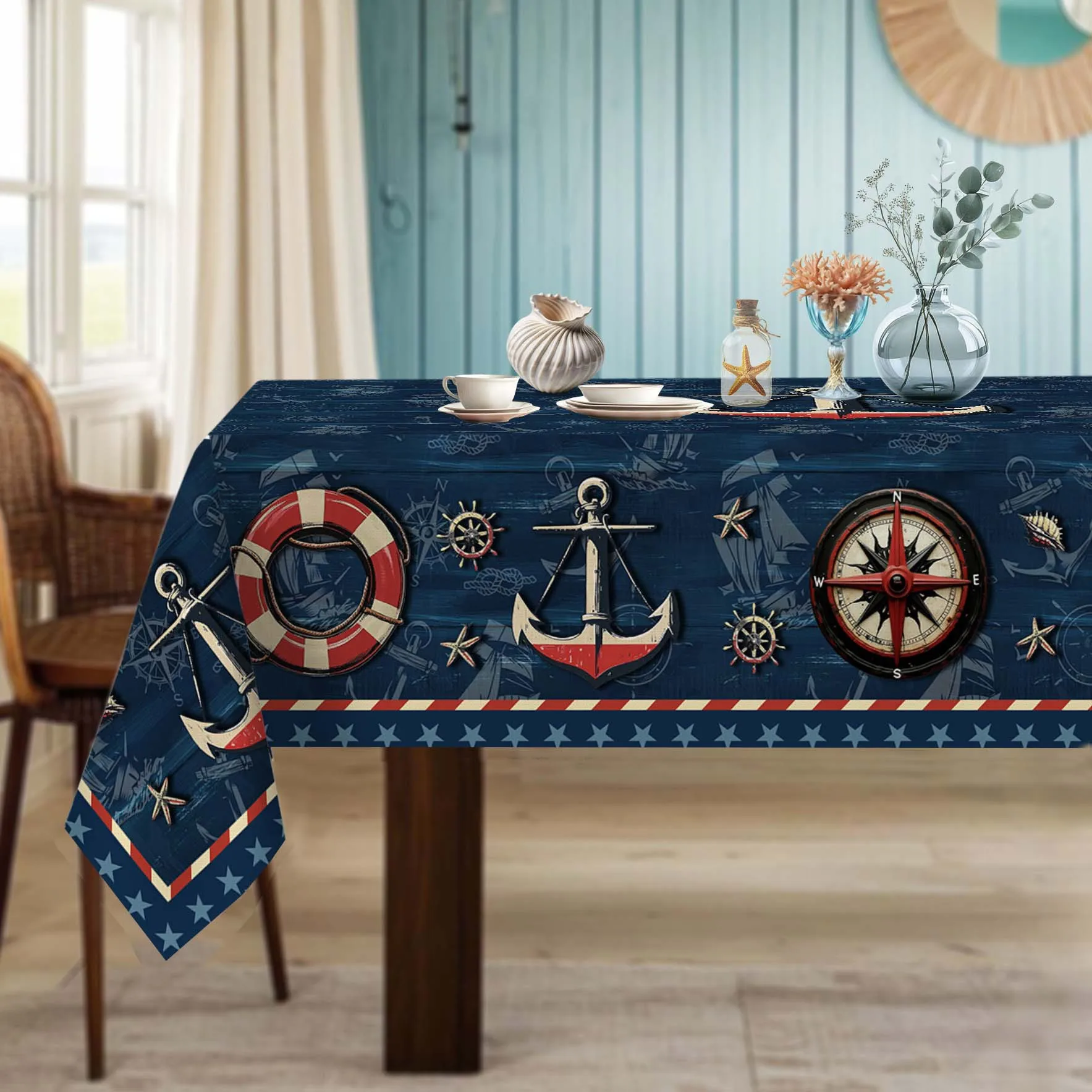 Sailing Style Tablecloth - Retro Ship Anchor, Shell and Lifebuoy Pattern Design, Made of Durable Polyester Material