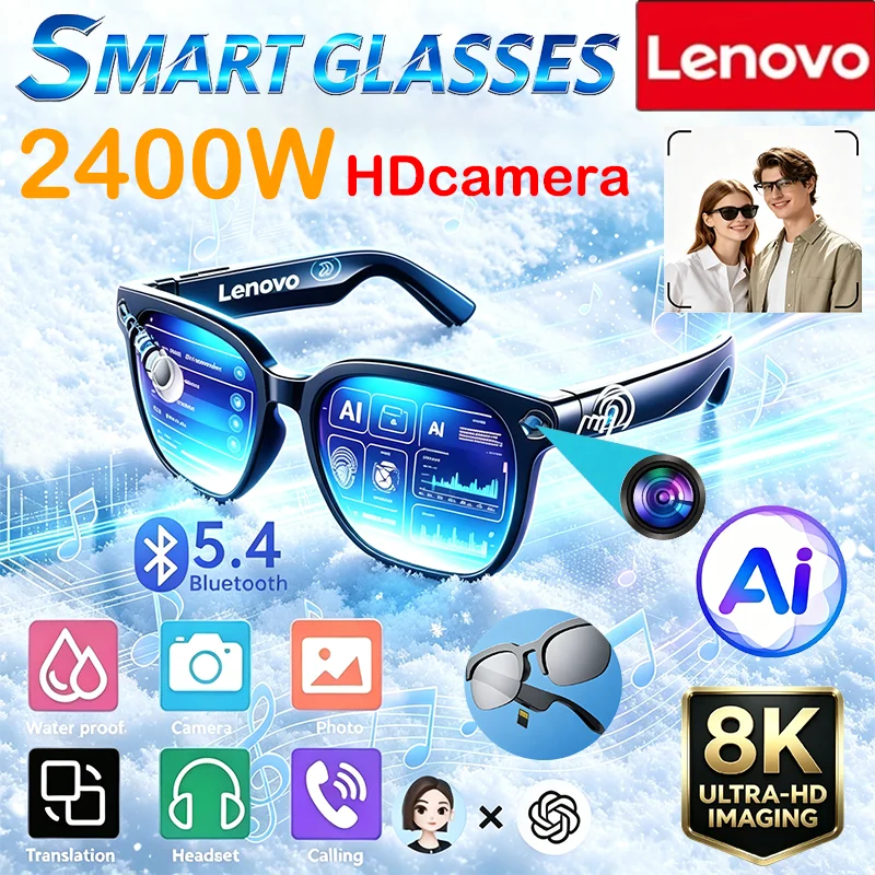 Lenovo 8K 2400MP AI Smart Sunglasses Insert‑Card AI Translation Bluetooth Call Recording HIFI Music Outdoor Sport Eyewear
