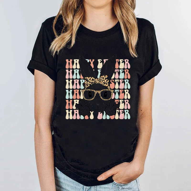 Funny Graphic Shirt Graphic Happy Easter Leopard Print Glasses Headband Rabbit Lovely Easter Bunny Short Sleeves Casual Tshirts