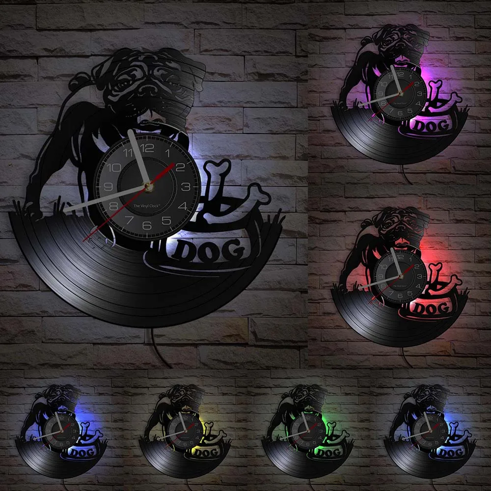 Pug Dog Wall Clock Vintage Puppy Wall Art Kid Room Wall Decor Vinyl Record Clock British Bulldog Clock Dog Breeds Gift Dog Lover