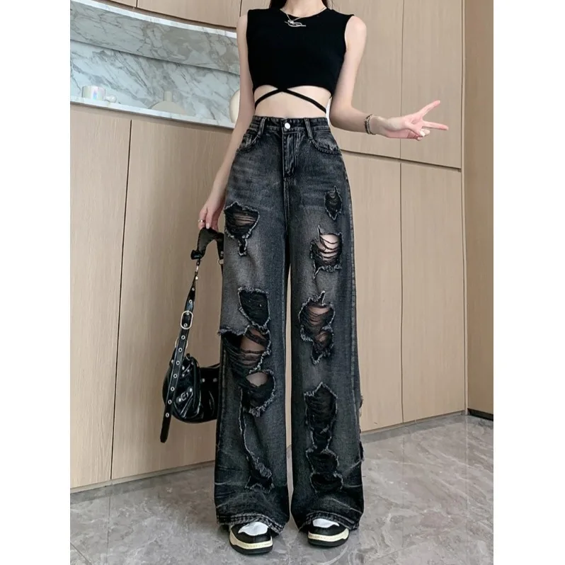 

Джинсы-карго для женщин, прямые, в стиле ретро, американские, повседневные, синие, темные, рваные, унисекс, простая серия для девочек, классические, эстетические, на бедрах