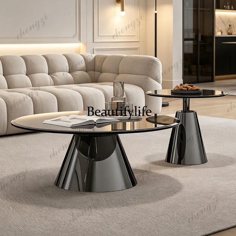 Italian minimalist round tempered glass coffee table modern light luxury stainless steel personalized small coffee table