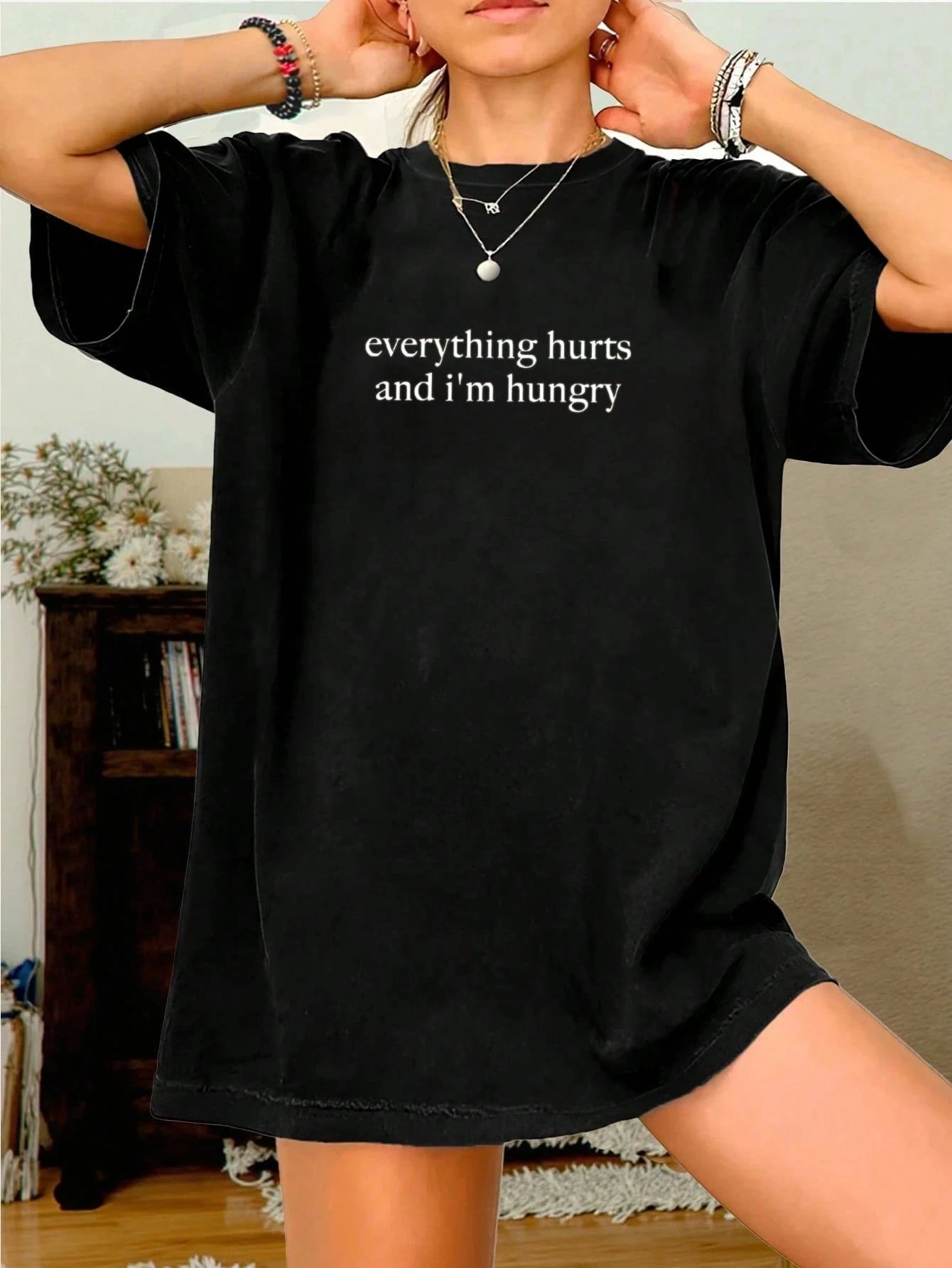

Plus Size Edgy Statement Tee With “everything hurts and i'm hungry” Slogan For Bold Fashion